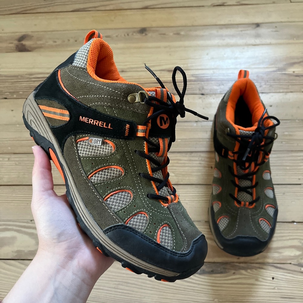 Merrell Hiking Shoes Kids 6.5 Olive Orange M-Select DRY Low Top Trail WORN 1x